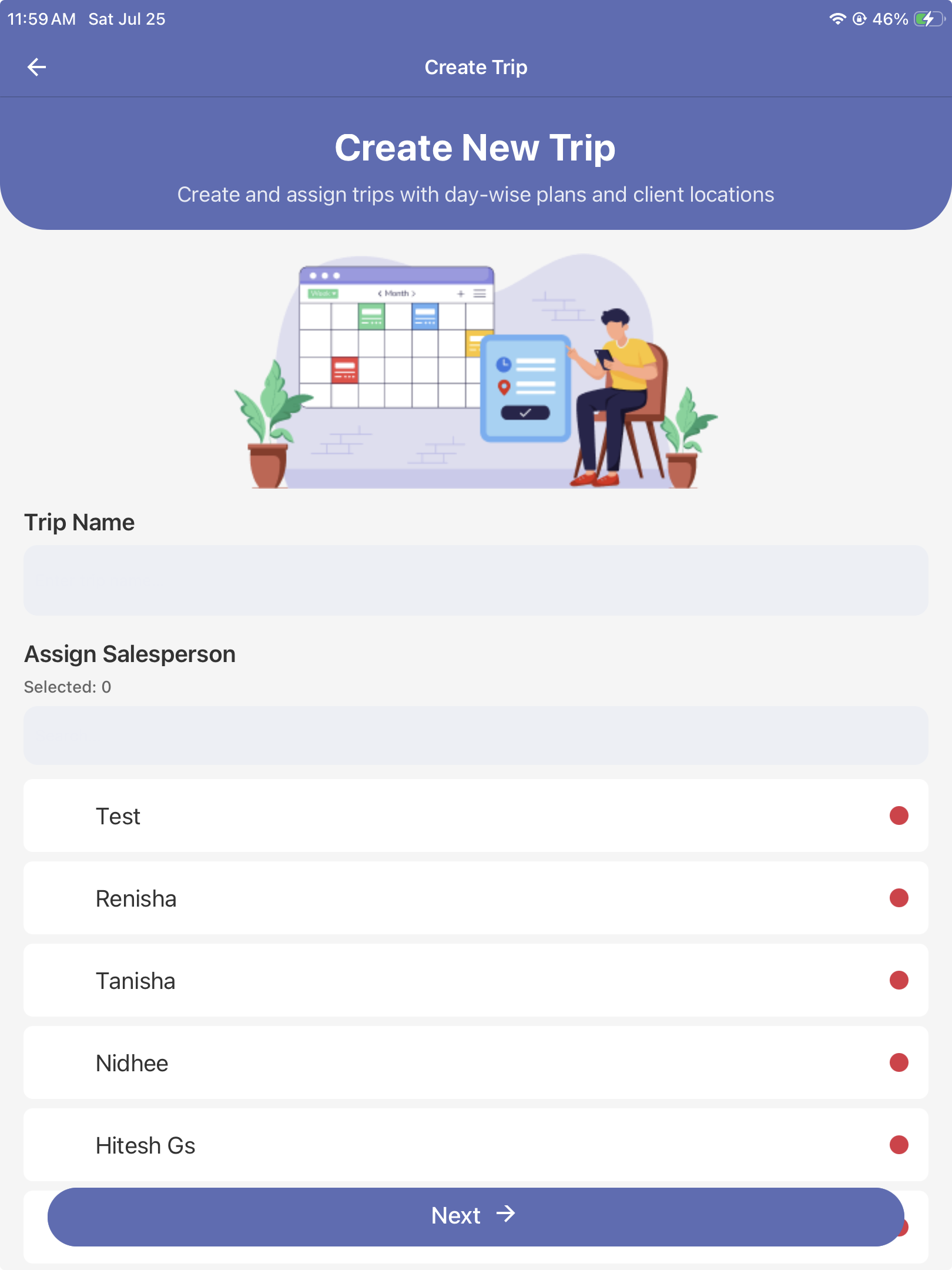 Plan the trip mobile application screen