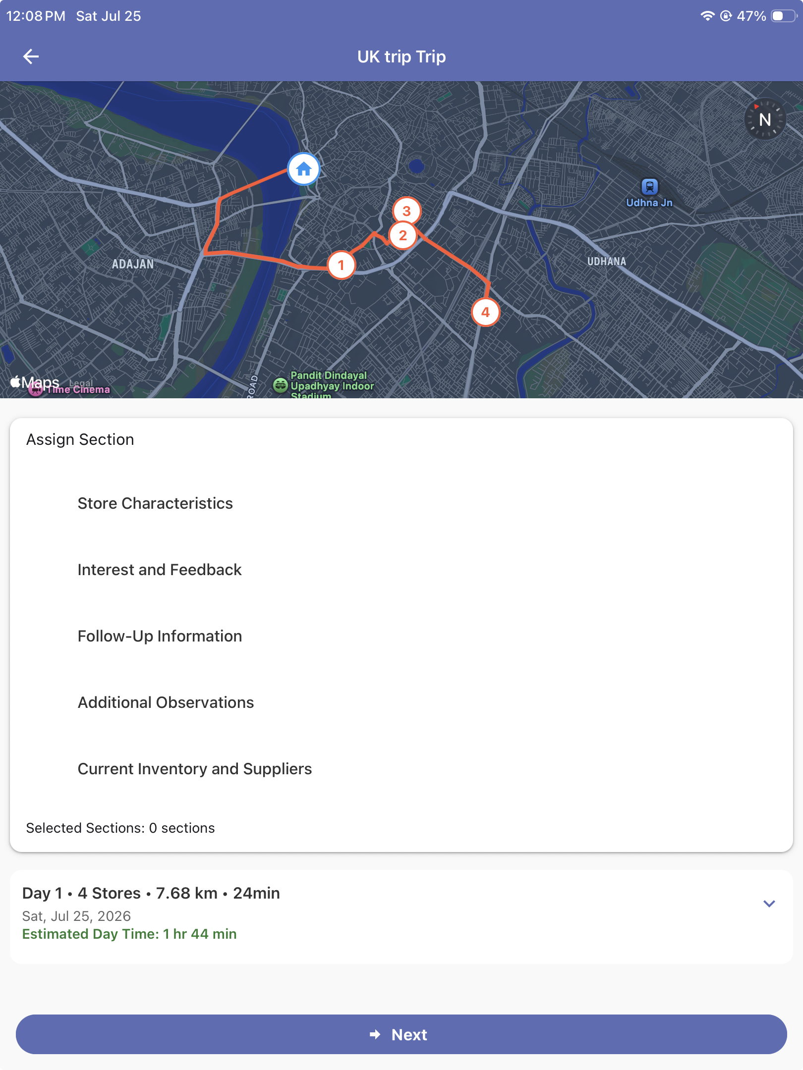 Add visit sections mobile application screen